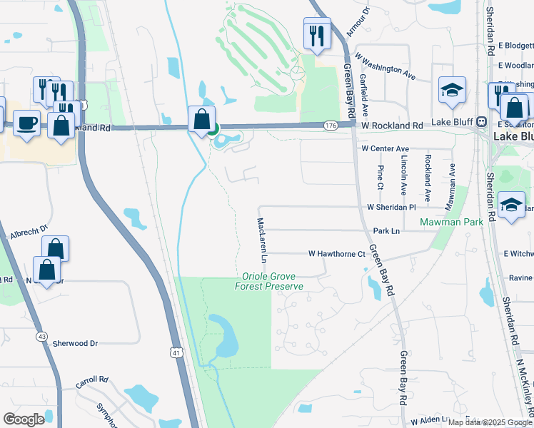 map of restaurants, bars, coffee shops, grocery stores, and more near 449 West Sheridan Place in Lake Bluff