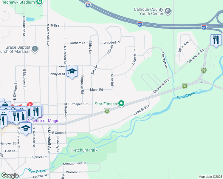 map of restaurants, bars, coffee shops, grocery stores, and more near 326 Allen Road in Marshall