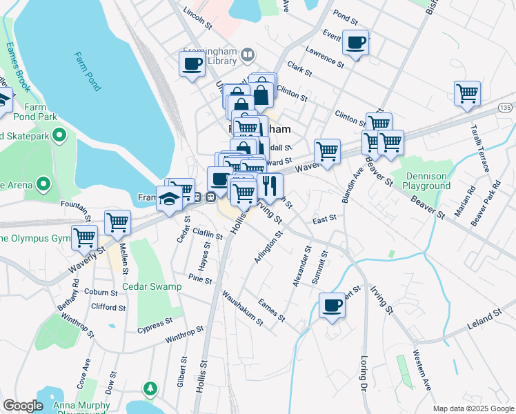 map of restaurants, bars, coffee shops, grocery stores, and more near 75 Irving Street in Framingham