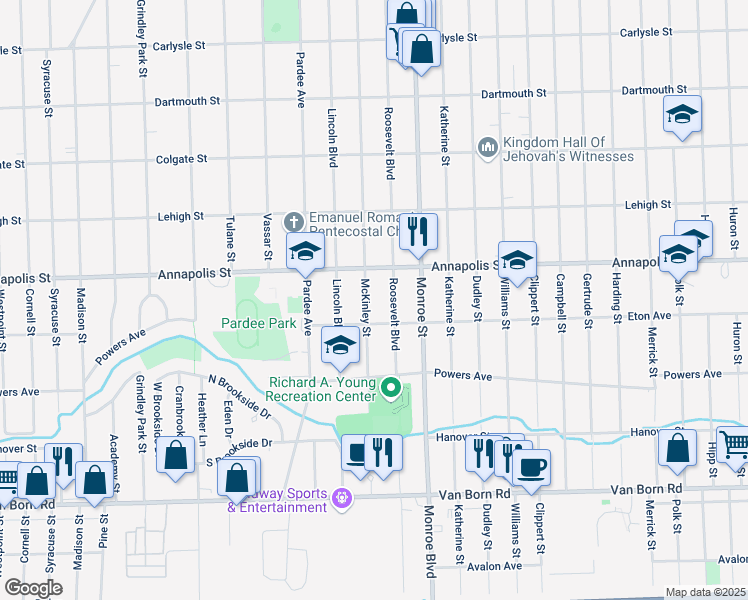 map of restaurants, bars, coffee shops, grocery stores, and more near 4643 McKinley Street in Dearborn Heights