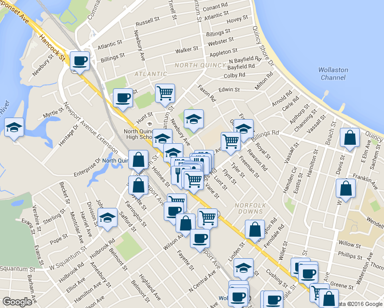 map of restaurants, bars, coffee shops, grocery stores, and more near 250 Newbury Avenue in Quincy