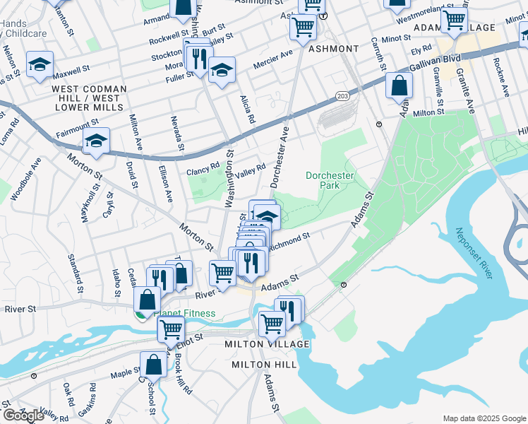 map of restaurants, bars, coffee shops, grocery stores, and more near 2183 Dorchester Avenue in Boston
