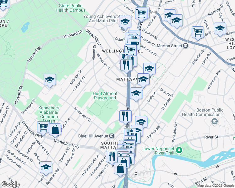 map of restaurants, bars, coffee shops, grocery stores, and more near 36 Tennis Road in Boston
