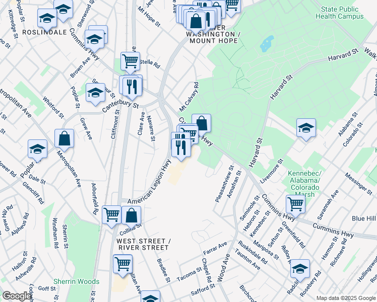 map of restaurants, bars, coffee shops, grocery stores, and more near 950 American Legion Highway in Boston