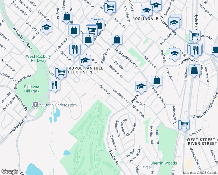 map of restaurants, bars, coffee shops, grocery stores, and more near 79 Glendower Road in Boston
