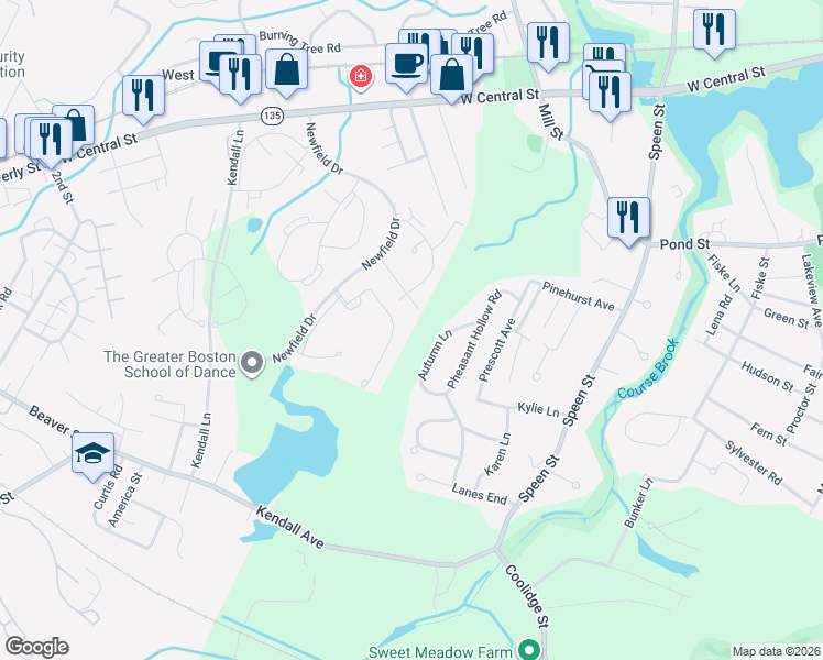 map of restaurants, bars, coffee shops, grocery stores, and more near 59 Walden Drive in Natick