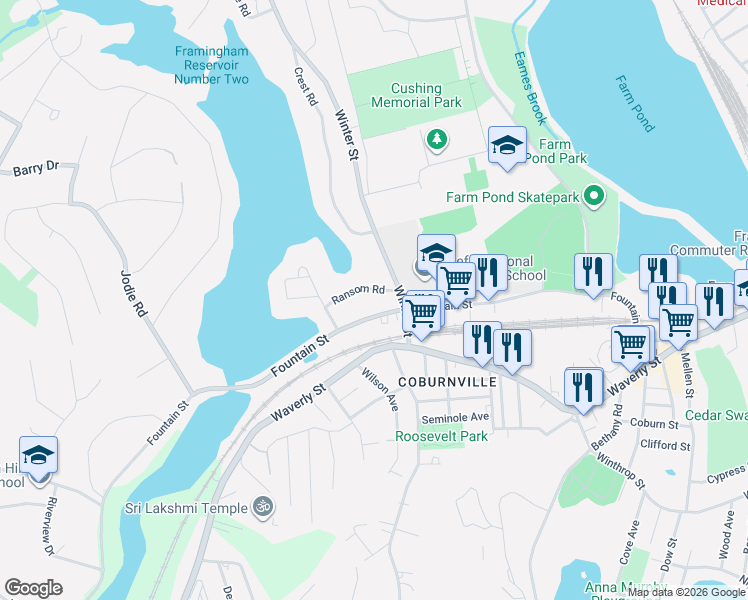 map of restaurants, bars, coffee shops, grocery stores, and more near 755 Winter Street in Framingham