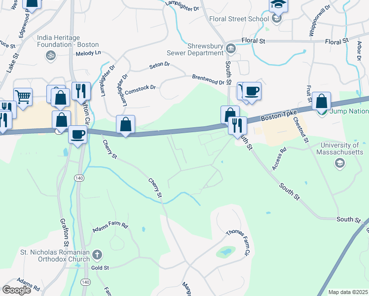 map of restaurants, bars, coffee shops, grocery stores, and more near 100 Madison Place in Shrewsbury