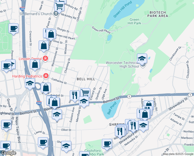 map of restaurants, bars, coffee shops, grocery stores, and more near 59 Everard Street in Worcester