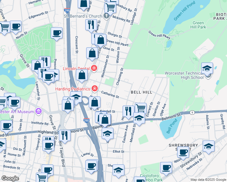 map of restaurants, bars, coffee shops, grocery stores, and more near 8 Windsor Street in Worcester