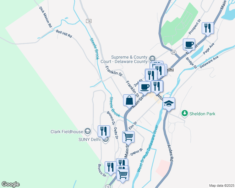 map of restaurants, bars, coffee shops, grocery stores, and more near 26 Clinton St in Delhi