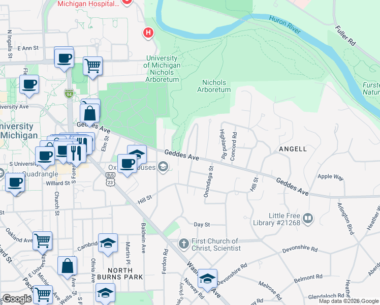 map of restaurants, bars, coffee shops, grocery stores, and more near 1913 Geddes Avenue in Ann Arbor
