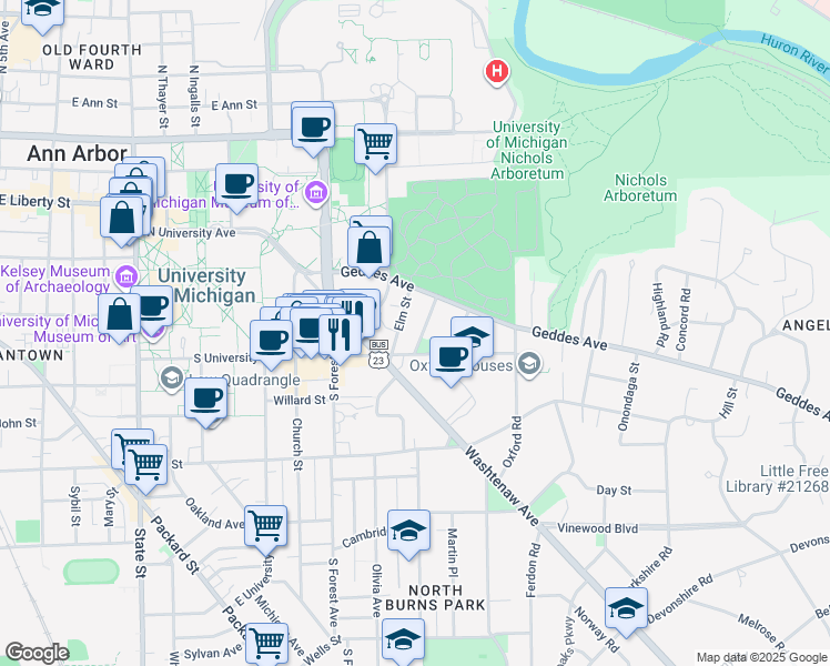 map of restaurants, bars, coffee shops, grocery stores, and more near 529 Elm Street in Ann Arbor