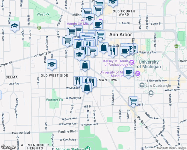 map of restaurants, bars, coffee shops, grocery stores, and more near 120 Packard Street in Ann Arbor