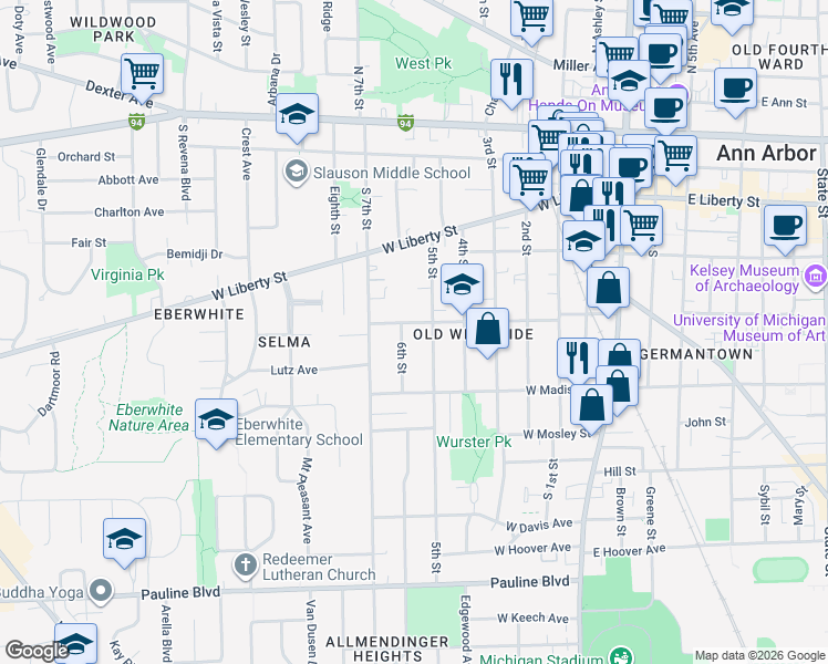 map of restaurants, bars, coffee shops, grocery stores, and more near 719 West Jefferson Street in Ann Arbor