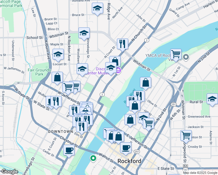 map of restaurants, bars, coffee shops, grocery stores, and more near 529 North Main Street in Rockford