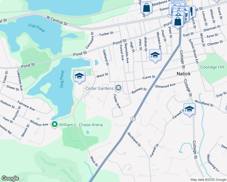map of restaurants, bars, coffee shops, grocery stores, and more near 2 Cedar Avenue in Natick