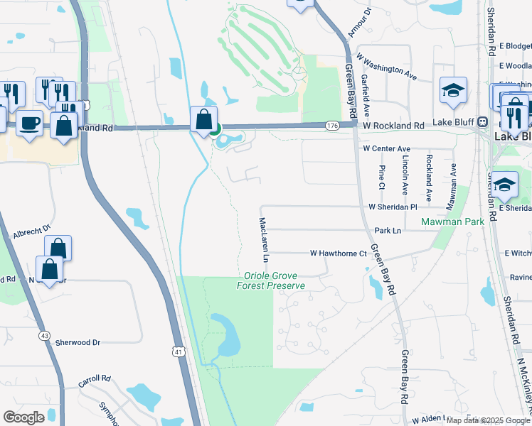 map of restaurants, bars, coffee shops, grocery stores, and more near 449 West Sheridan Place in Lake Bluff