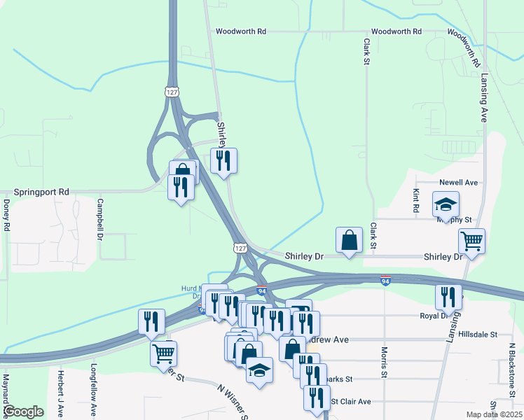 map of restaurants, bars, coffee shops, grocery stores, and more near 2225 Shirley Drive in Jackson