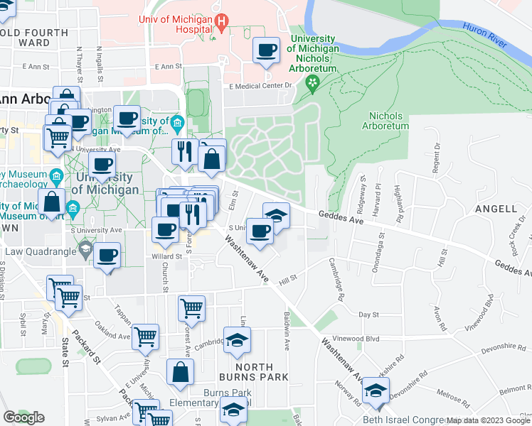 map of restaurants, bars, coffee shops, grocery stores, and more near 524 Linden Street in Ann Arbor