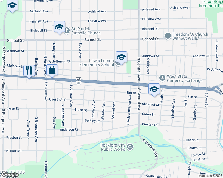map of restaurants, bars, coffee shops, grocery stores, and more near 1920 West State Street in Rockford