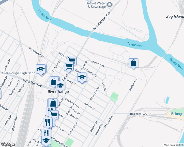 map of restaurants, bars, coffee shops, grocery stores, and more near 57 East Cicotte Street in River Rouge