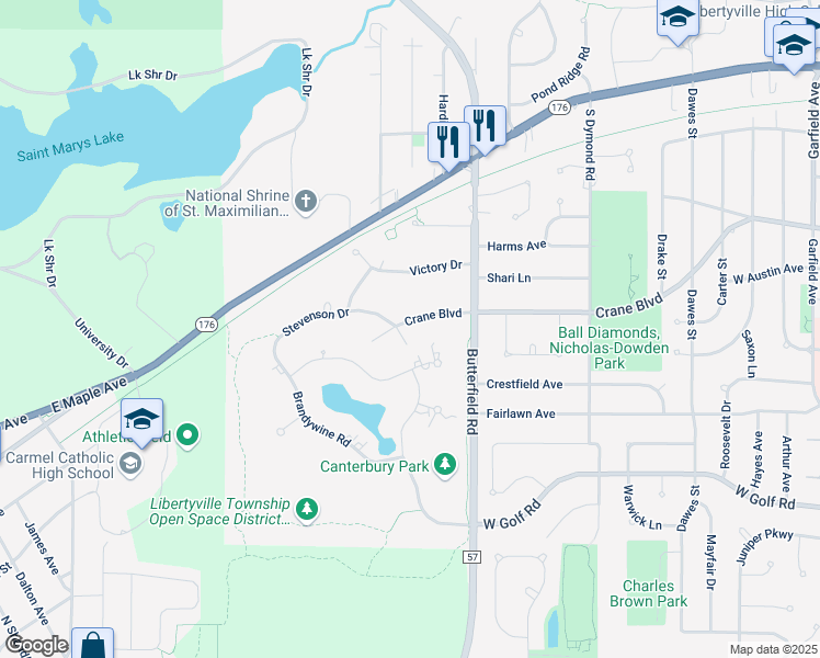 map of restaurants, bars, coffee shops, grocery stores, and more near 1247 Crane Boulevard in Libertyville