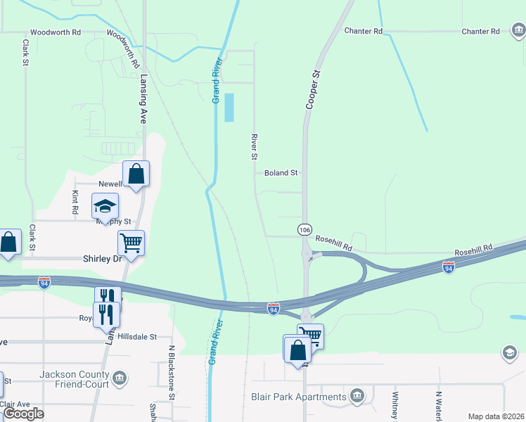 map of restaurants, bars, coffee shops, grocery stores, and more near 1957 River Street in Jackson