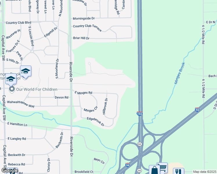 map of restaurants, bars, coffee shops, grocery stores, and more near 206 Beachfield Drive in Battle Creek