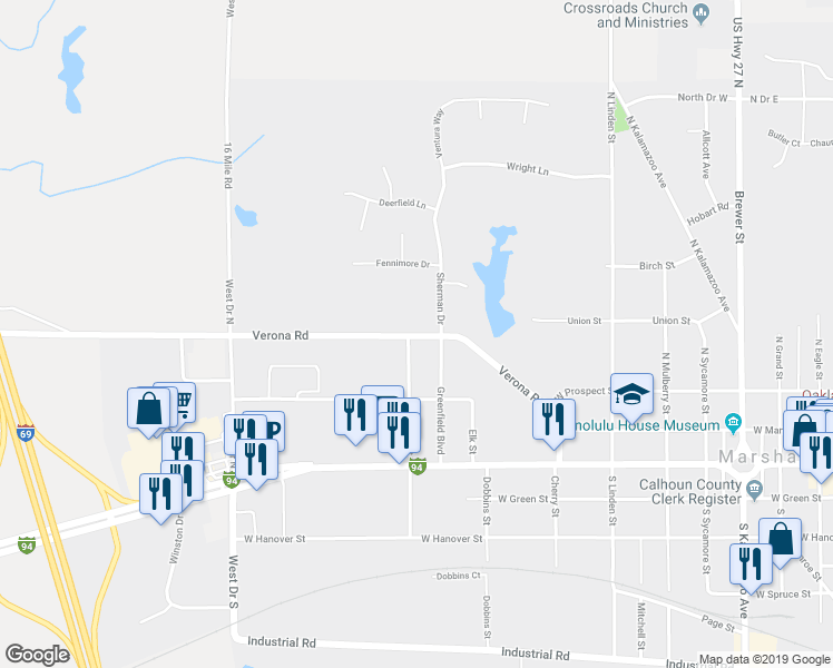 map of restaurants, bars, coffee shops, grocery stores, and more near 1006 Verona Road in Marshall