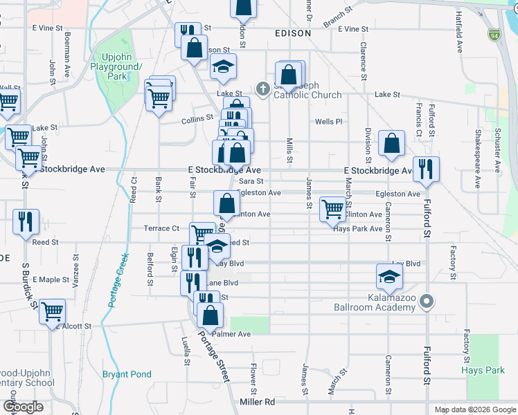 map of restaurants, bars, coffee shops, grocery stores, and more near 830 Egleston Avenue in Kalamazoo