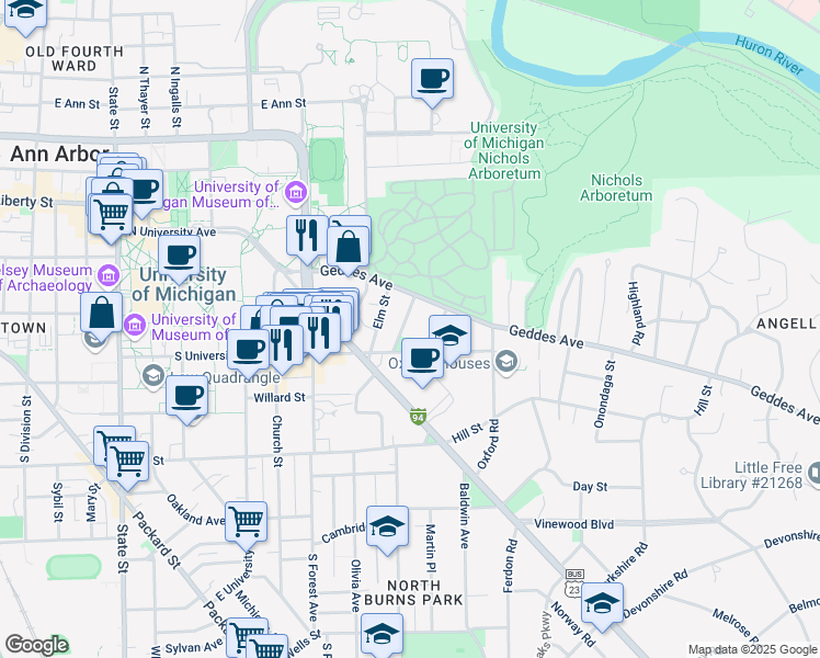 map of restaurants, bars, coffee shops, grocery stores, and more near 525 Walnut Street in Ann Arbor