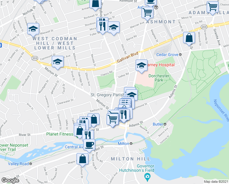 map of restaurants, bars, coffee shops, grocery stores, and more near Washington St & St Gregory St in Boston