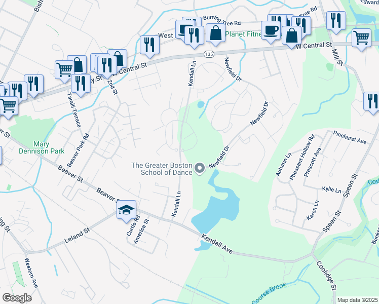 map of restaurants, bars, coffee shops, grocery stores, and more near 16 Village Brook Lane in Natick