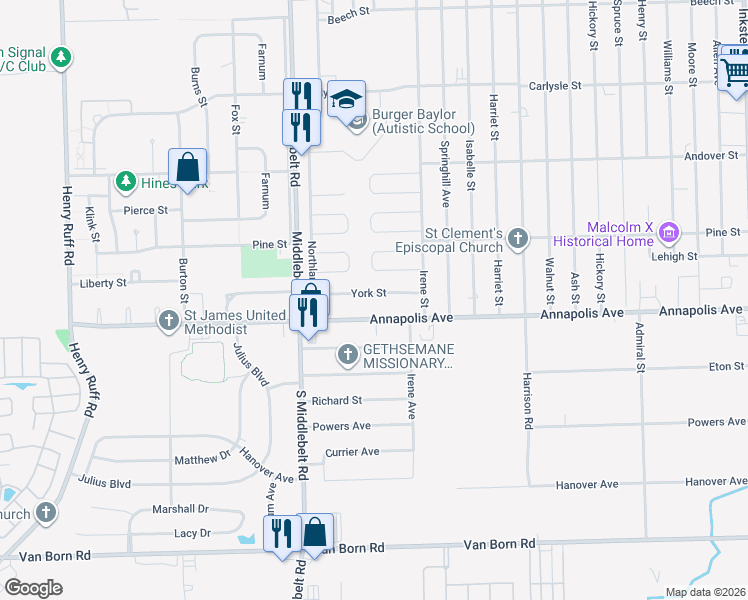 map of restaurants, bars, coffee shops, grocery stores, and more near 28935 York Street in Inkster