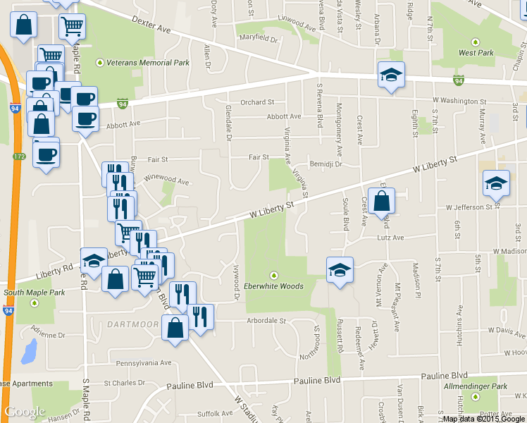 map of restaurants, bars, coffee shops, grocery stores, and more near 1752 West Liberty Street in Ann Arbor