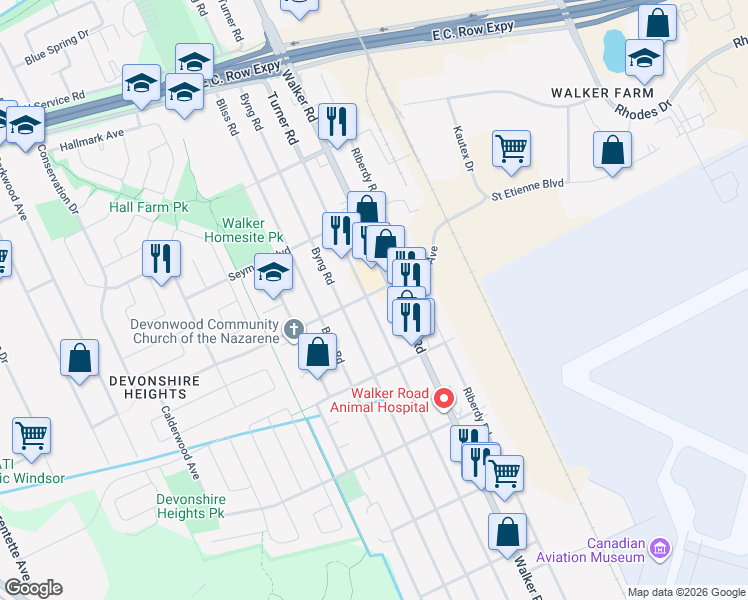map of restaurants, bars, coffee shops, grocery stores, and more near 3406 Turner Road in Windsor