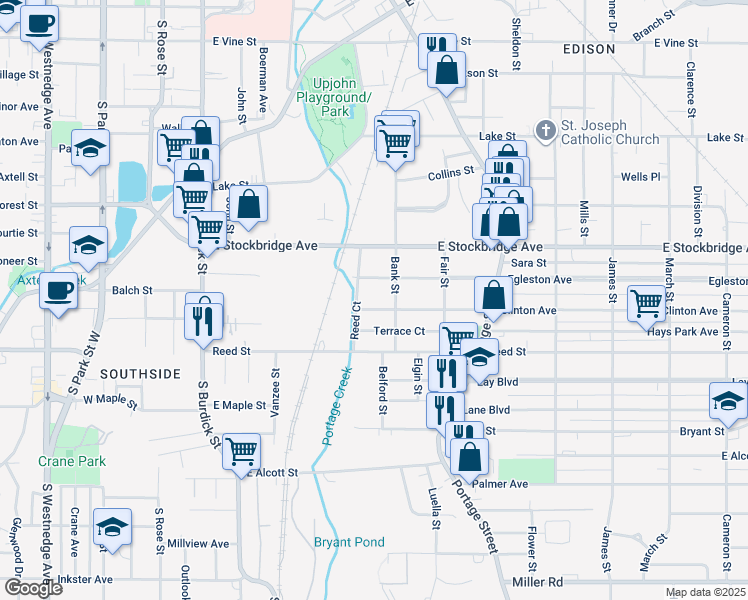 map of restaurants, bars, coffee shops, grocery stores, and more near 1518 Bank Street in Kalamazoo