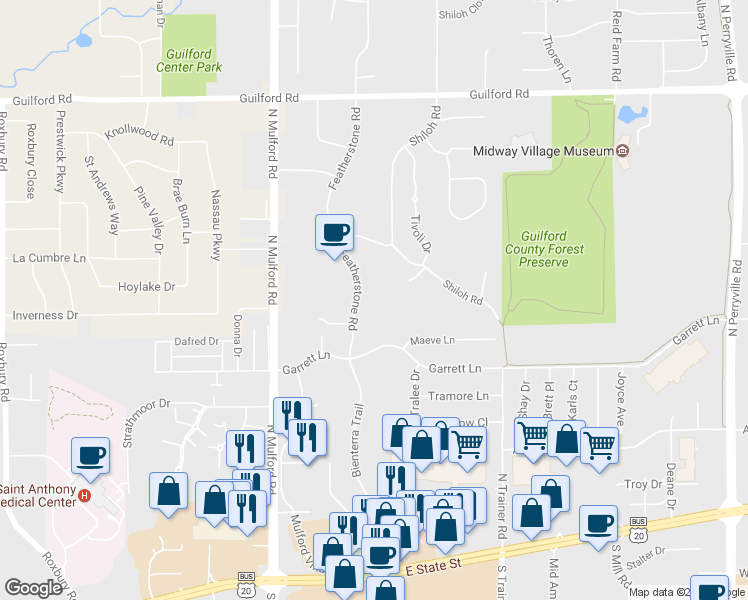 map of restaurants, bars, coffee shops, grocery stores, and more near 653 Featherstone Road in Rockford