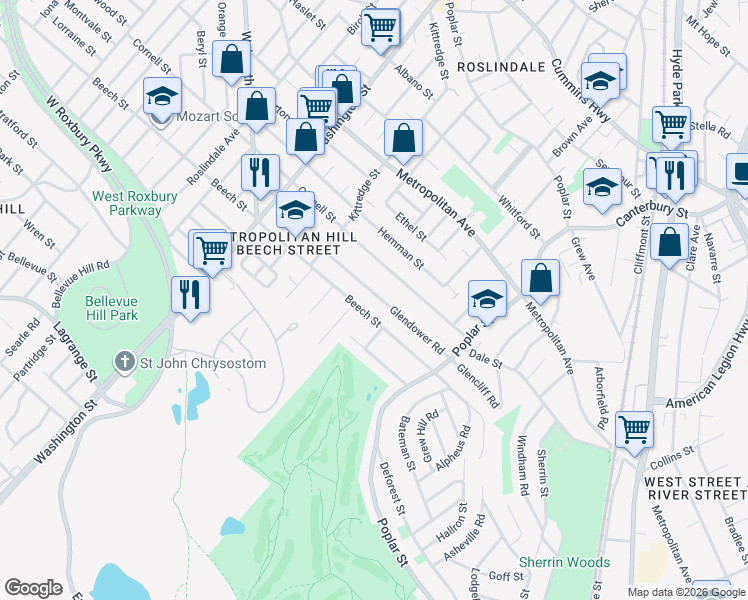 map of restaurants, bars, coffee shops, grocery stores, and more near 79 Glendower Road in Boston