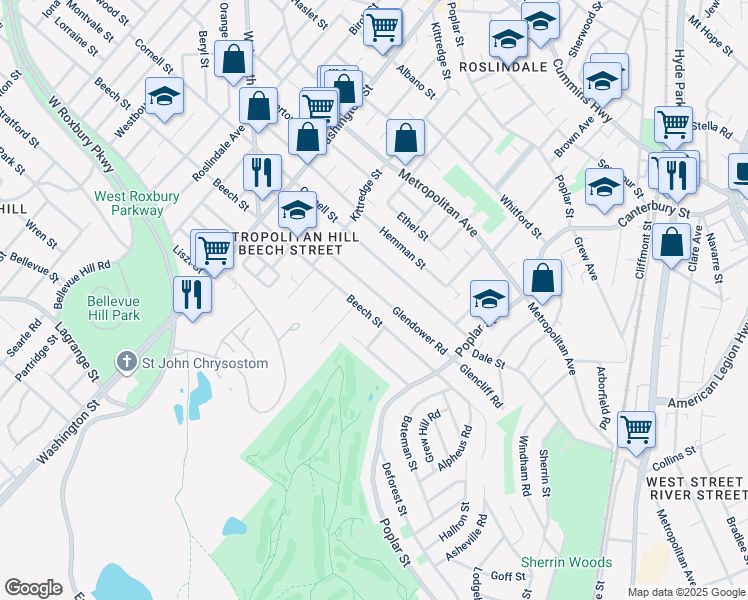 map of restaurants, bars, coffee shops, grocery stores, and more near 79 Glendower Road in Boston