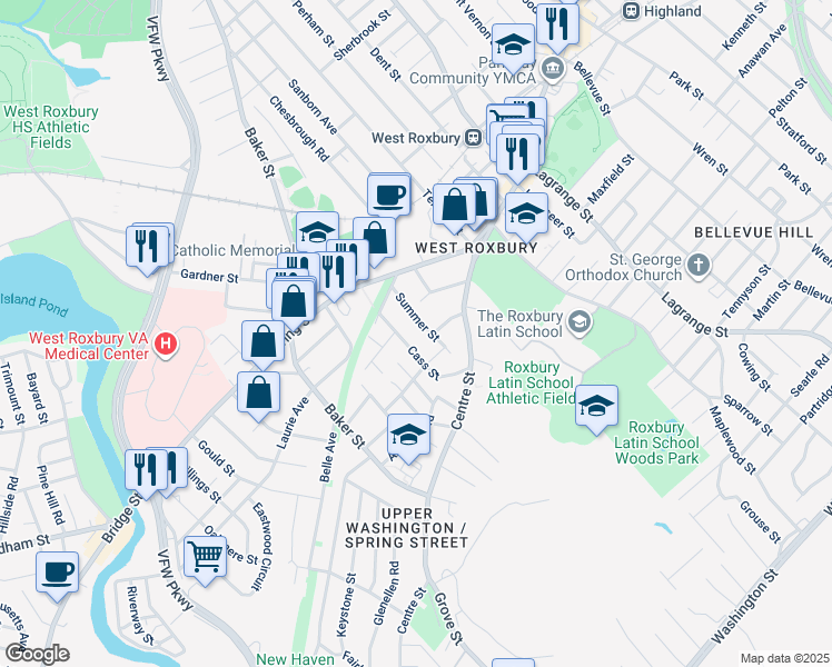 map of restaurants, bars, coffee shops, grocery stores, and more near 36 Cass Street in Boston