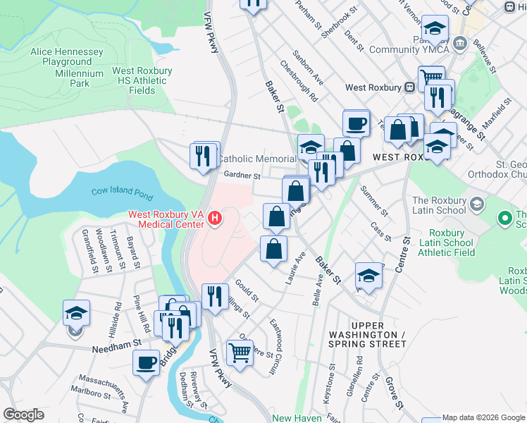 map of restaurants, bars, coffee shops, grocery stores, and more near 24 Spring Valley Road in Boston