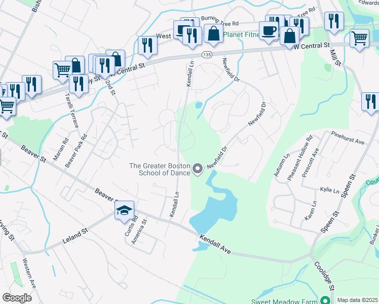 map of restaurants, bars, coffee shops, grocery stores, and more near 16 Village Brook Lane in Natick