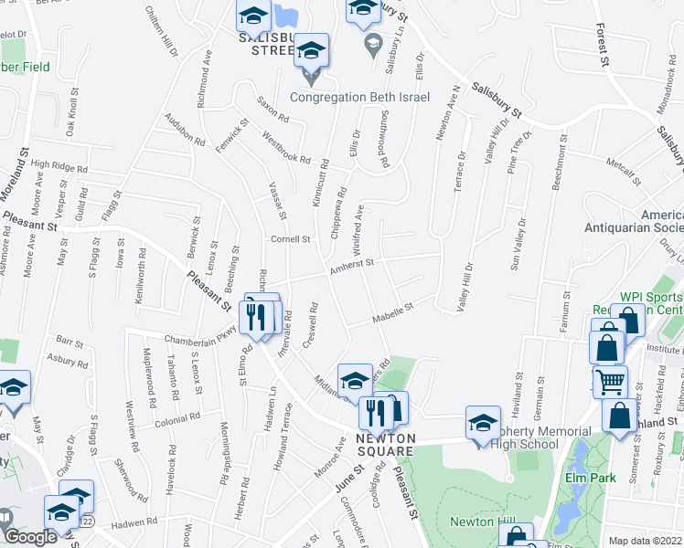 map of restaurants, bars, coffee shops, grocery stores, and more near 61 Amherst Street in Worcester