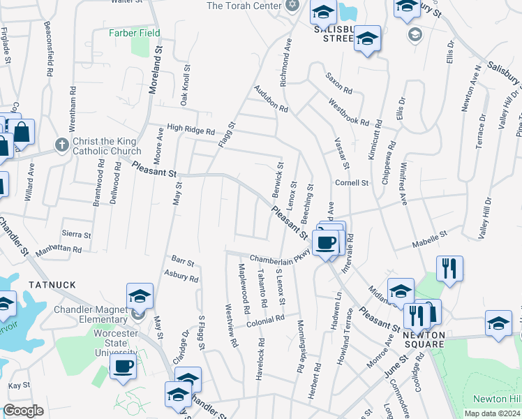 map of restaurants, bars, coffee shops, grocery stores, and more near in Worcester