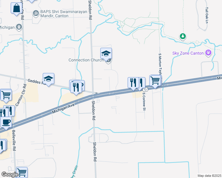 map of restaurants, bars, coffee shops, grocery stores, and more near 44100 Michigan Avenue in Canton