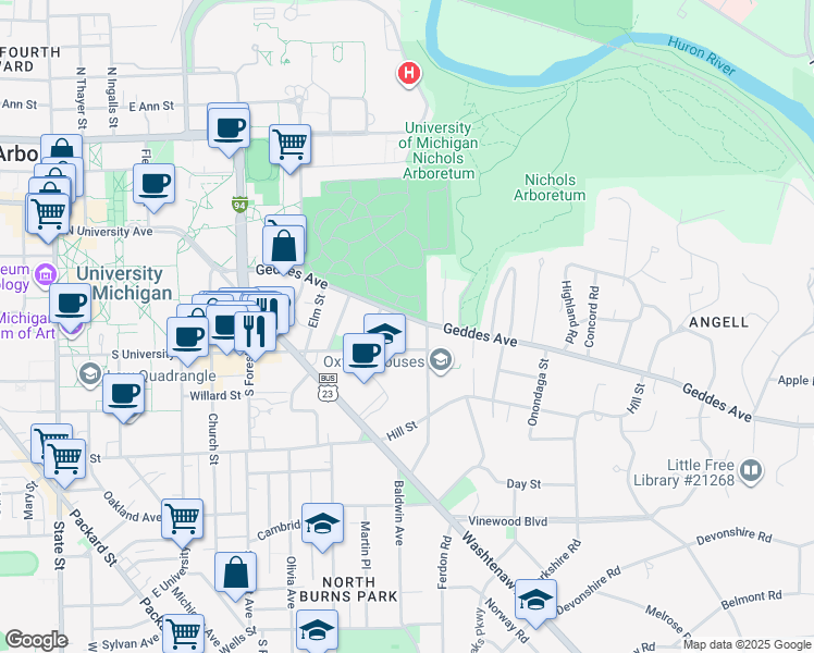 map of restaurants, bars, coffee shops, grocery stores, and more near 1701 Geddes Avenue in Ann Arbor