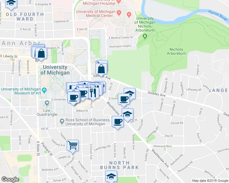 map of restaurants, bars, coffee shops, grocery stores, and more near 529 Elm Street in Ann Arbor