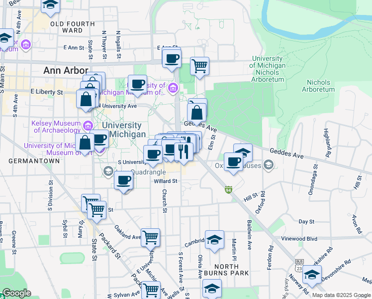 map of restaurants, bars, coffee shops, grocery stores, and more near 514 South Forest Avenue in Ann Arbor